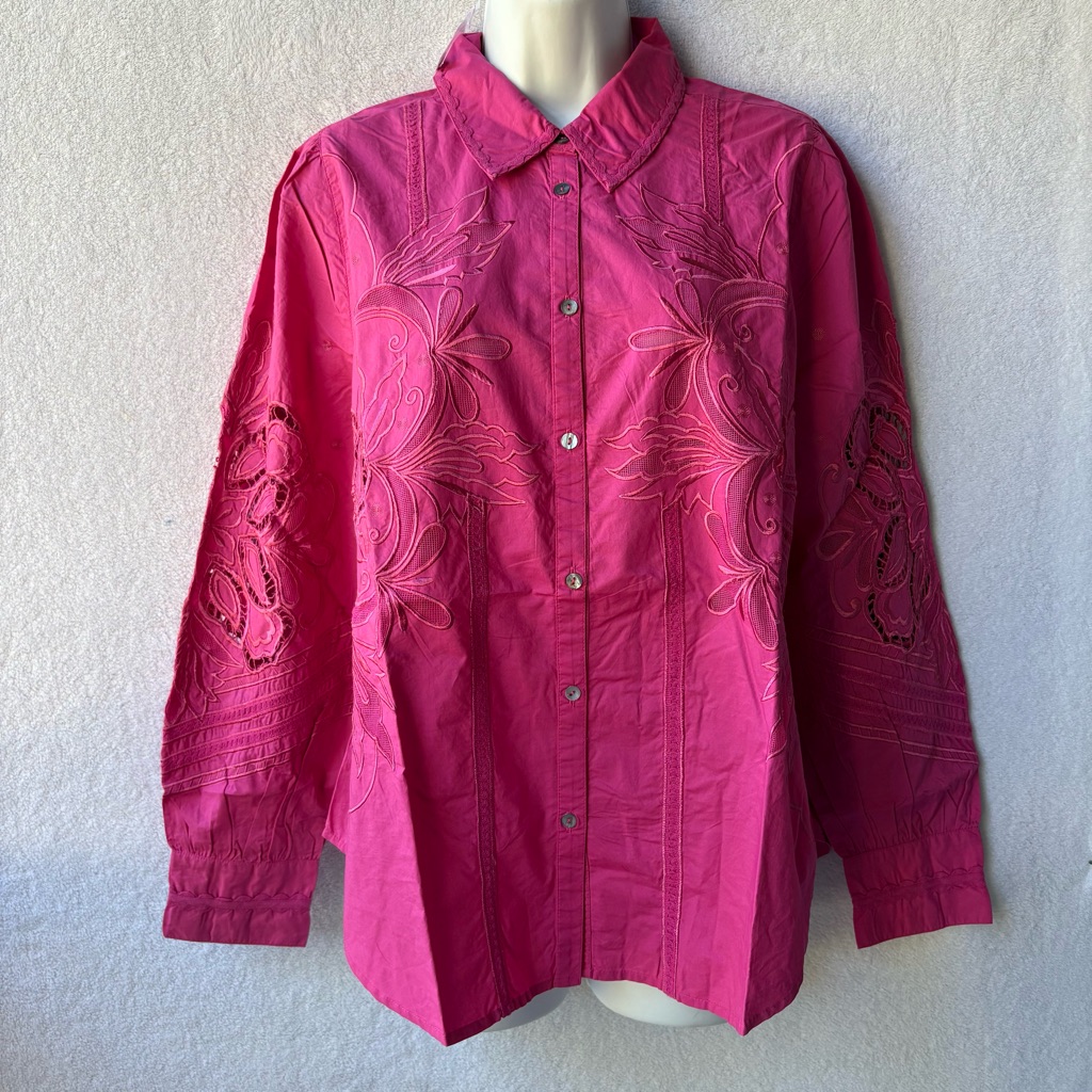 Sundance Monterey Top Pink Embroidered Collared Button Down Top